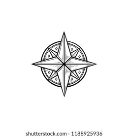Compass wind rose hand drawn outline doodle icon. Direction and marine navigation, travel and adventure concept. Vector sketch illustration for print, web, mobile and infographics on white background.