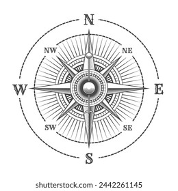 Compass Wind Rose Hand Drawn Engraving vector Illustration isolated on white background. No AI was used.