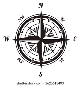 Compass wind rose icon. Navigational instrument showing directions with arrow on round face, portable device, vintage style. Travel location and exploration. Vector illustration, white background.