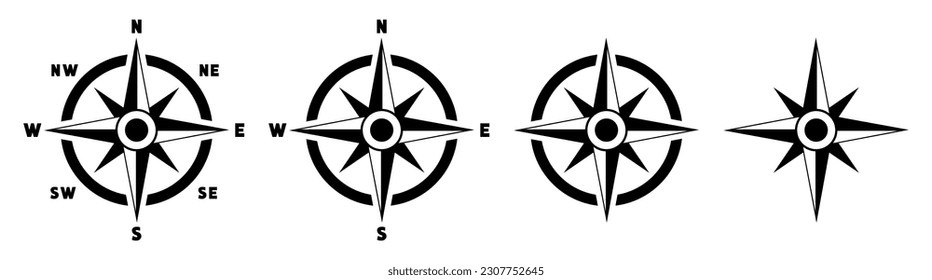 Compass wind rose icon set. Navigational symbol group. Vector illustration isolated on white.