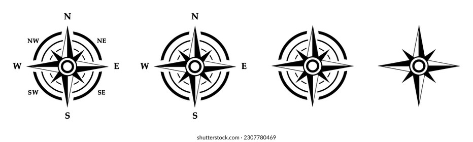 Compass wind rose icon set. Navigational symbol group. Vector illustration isolated on white.