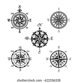 Compass or Wind Rose marine navigation icons. Vector symbols of nautical retro navigator compass with winds names of East, West, North and South arrows for ship travel design