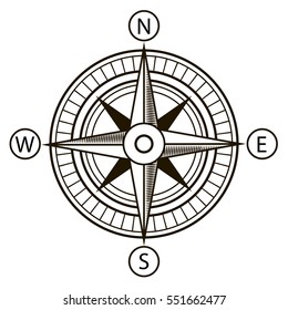 Compass or Wind Rose Nautical Marine Navigation in Line Art Style Element Travel. Vector illustration