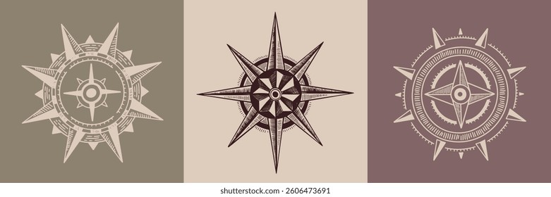 Compass Wind rose on white, hand drawn Illustration.	