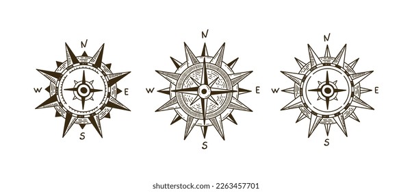 Compass Wind rose, set hand drawn Illustration.	