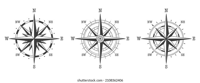 Compass wind rose set. Vector illustration. Collection