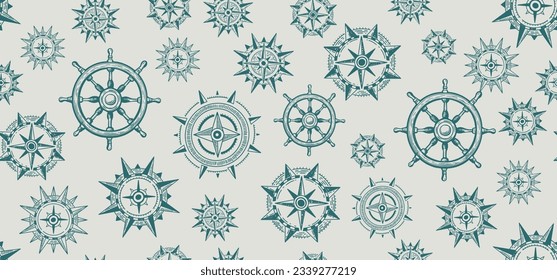 Compass Wind rose, Ship wheel, pattern, hand drawn Illustration.