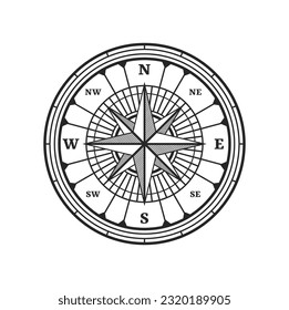 Compass wind rose star, old vintage travel map and nautical navigation vector symbol. Vintage compass with north west and east south direction arrow in wind rose, marine cartography sign