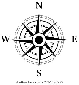 Compass wind rose vector design element north west east south black and white colors isolated