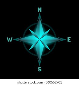Compass wind rose which glows blue cyan color on a black background. The arrows shows North South East West direction