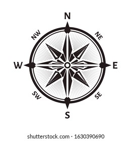 Compass wind rose, windrose icon. Navigational instrument showing direction with arrow on round face, eight principal winds, vintage device. Travel location and exploration. Vector illustration.