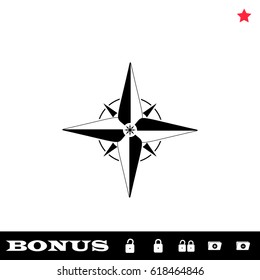 Compass, windrose icon flat. Black pictogram on white background. Vector illustration symbol and bonus button open and closed lock, folder, star