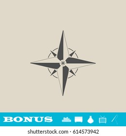 Compass, windrose icon flat. Grey pictogram on light background. Vector illustration symbol and bonus button real estate, ottoman, vase, tv, fishing rod