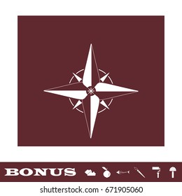 Compass, windrose icon flat. White pictogram on brown background. Vector illustration symbol and bonus icons