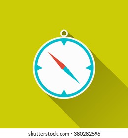 Compass, windrose, travel gear, camping equipment - icon on green field backdrop. Flat design with long shadow. Trendy modern vector illustration for your design, projects, websites or app