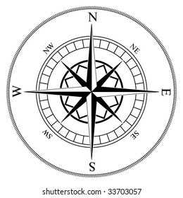 Compass winds rose black and white vector shape.