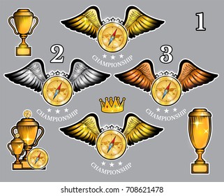 Compass with wings cups and crown. Vector set of sport logo for any team and championship
