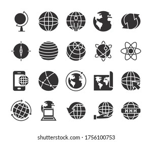 compass and world icon set over white background, silhouette sytle, vector illustration