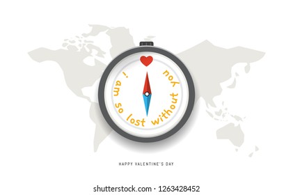  Compass and the world map. Valentine's pun illustration