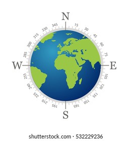 Compass with world map and white background