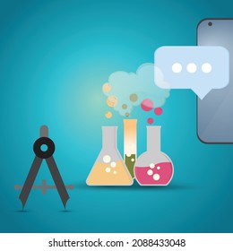 Compasses, chemistry bottles and smartphone, science and technology concept
