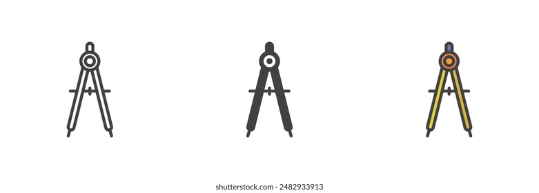 Kompassiert verschiedene Stilsymbole. Linie, Glyphe und gefüllte Umrissfarben, Umriss und gefüllte Vektorgrafik. Zeichnungstrennzeichen, Logo-Illustration. Vektorgrafik-Grafiken