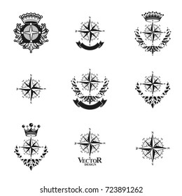 Compasses emblems set. Heraldic vector design elements collection. Retro style label, heraldry logo.