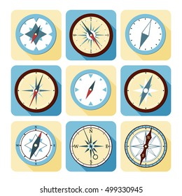 Compasses flat icons set. Vector illustration.