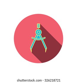 Compasses icon. Measurement dividers sign. Red flat circle button. Linear icon with shadow. Vector