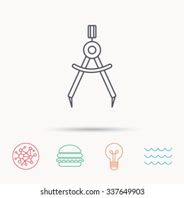 Compasses icon. Measurement dividers sign. Global connect network, ocean wave and burger icons. Lightbulb lamp symbol.