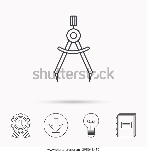 Compasses icon. Measurement\
dividers sign. Download arrow, lamp, learn book and award medal\
icons.