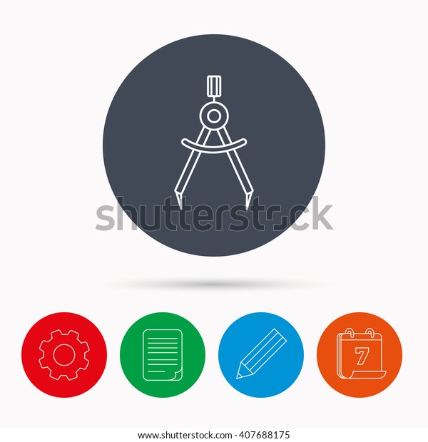 Compasses icon. Measurement dividers\
sign. Calendar, cogwheel, document file and pencil\
icons.