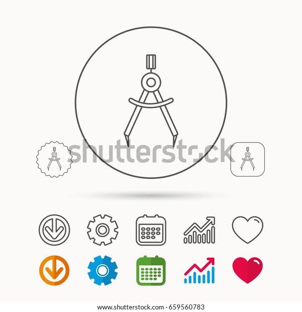 Compasses icon. Measurement dividers sign.\
Calendar, Graph chart and Cogwheel signs. Download and Heart love\
linear web icons.\
Vector