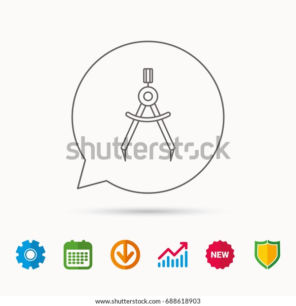 Compasses\
icon. Measurement dividers sign. Calendar, Graph chart and Cogwheel\
signs. Download and Shield web icons.\
Vector