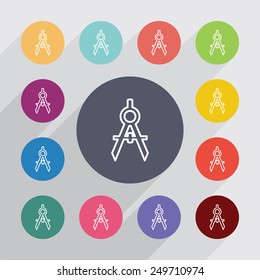 compasses outline circle, flat icons set. Round colorful buttons 