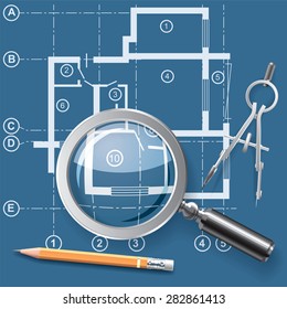 Compasses and pencil on a background of the drawing apartments. Vector illustration