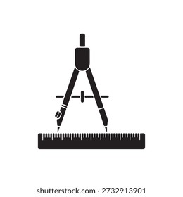 Compasses and ruler icon isolated silhouette on a white background.