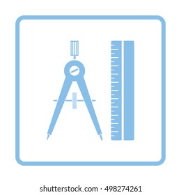 Compasses and scale icon. Blue frame design. Vector illustration.