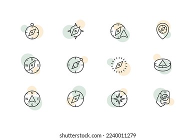 Compasses set icon. Navigation equipment, location, geolocation, gps, magnetic needle, cardinal points, phone, travel, cartography, destinations. Geography concept. Vector line icon for Business