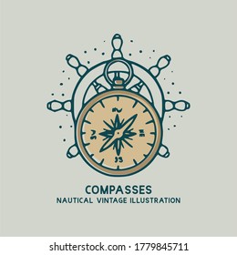 compasses with ship's wheel nautical vintage illustration