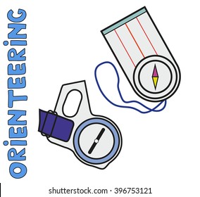 Compasses of sports orienteering. Flat, isolated, detailed vector icons.