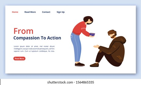 From compassion to action landing page vector template. Charity website interface idea with flat illustrations. Humanitarian help homepage layout. Feeding poor web banner, webpage cartoon concept