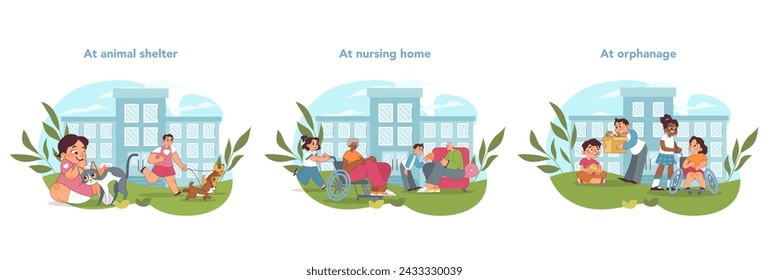 Compassion in action set. Kids volunteering at animal shelters, nursing homes, and orphanages. Young hearts showing love, care, and companionship. Helping out people in need. Vector illustration