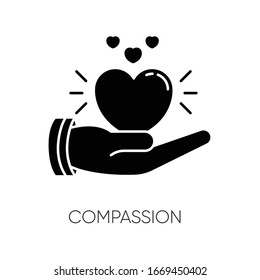 Compassion black glyph icon. Emotional support, friendly sympathy. Empathy, solidarity silhouette symbol on white space. Voluntary care, charitable help. Vector isolated illustration