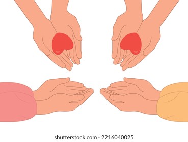 Compassion.The concept of sharing love, helping others, charity with the support of the global community.Cute vector illustration in flat cartoon style