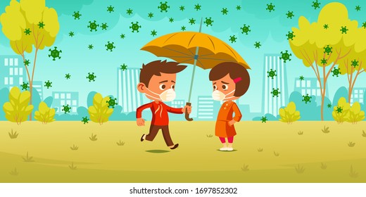 Compassion during coronavirus pandemic. Little boy cover girl in medical mask with umbrella protect from covid19 cells rain falling down from sky. Children walking in park cartoon vector illustration