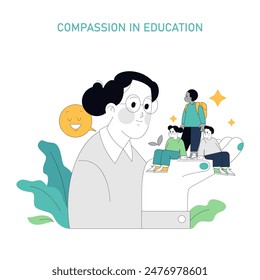 Compassion in Education concept. Illustration depicts a supportive classroom environment with engaged students and a caring teacher. Empathy, emotional support and positive reinforcement in learning