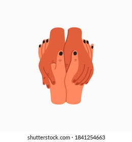 Compasión. Icono de la empatía y la compasión - tomándose de la mano. Ayudar a la atención psicológica o de mano. Ilustración vectorial en estilo de caricatura plana sobre fondo blanco.