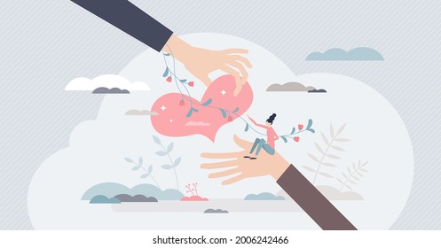 Compassion and empathy as support and care in problems tiny person concept. Emotional awareness and solidarity vector illustration. Giving heart and understanding need for assistance and partnership.