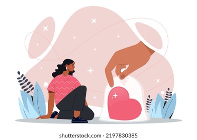 Compassion Feelings Concept. Large Hand Gives Young Girl Handkerchief With Heart. Help, Humanism And Concern For People. Support And Love, Charity And Volunteering.